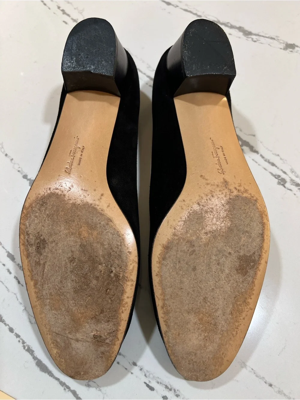 Salvatore Ferragamo Black Suede Vara Bow Pumps with Gold Hardware size W 11.5